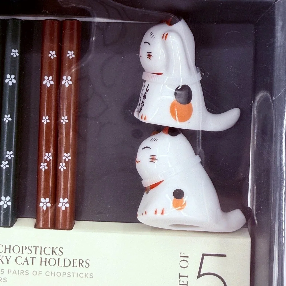 Soho Loft Bamboo Set 5 Pairs Chopsticks & 5 Ceramic Lucky Kittens Cat Holder NEW